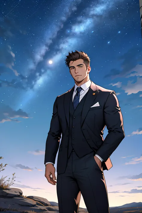 Draw a full-fledged footballer，Standing on the steppe at night，Quiet and comfortable background，He wears the same suit as the countrys president，The suit fits perfectly，Handsome face，eyes with brightness，The man looks confident and determined，looking-down，...