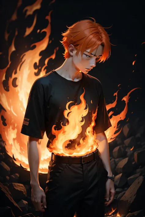 Anime, Man, Orange shirt, black pants, orange hair, looking down, black background behind flames,