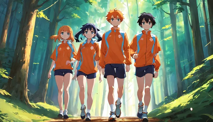 Collegiate orienteering team Orange training clothes Short shirt Quarterpants Four men and four women Two coaches Running in the forest side