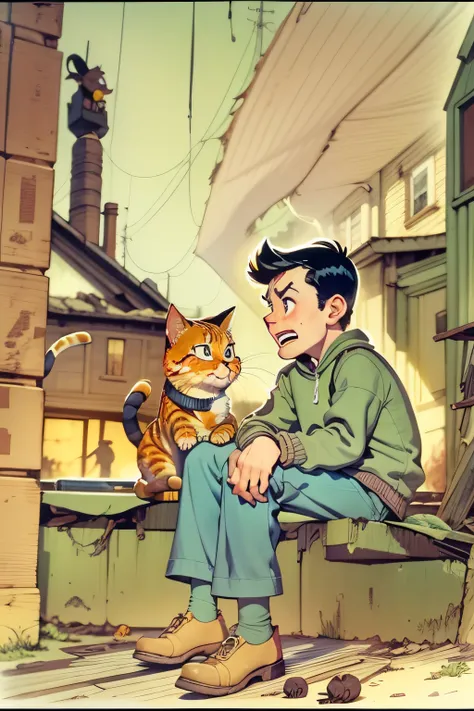 firestorm，The roof was overturned，At home，A cat sits on a boys lap，Mood fear，Ding Ding Image, ( art fitzpatrick ), Helger, animation still screencap, Cartoon image, Cartoon, film still from an cartoon, 1 9 6 0 cartoon style