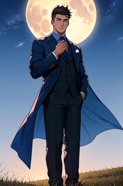 Draw a full-fledged footballer，Standing on the steppe at night，Quiet and comfortable background，He wears the same suit as the countrys president，The suit fits perfectly，Handsome face，eyes with brightness，The man looks confident and determined，looking-down，...