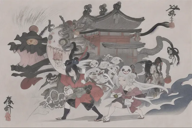 best quality, style of Hokusai, ukiyo-e, Hyakki Yagyō, japanese old monsters parade, 
Chōchin-oiwa, Kidōmaru, Nekomata, Tsuchigumo, akaname, Chōchinobake, Daidarabotchi, Futakuchi-onna, Gaki, Gashadokuro, Gyūki, Hitodama, Hitotsume-kozō, Hitotsume-nyūdō, H...