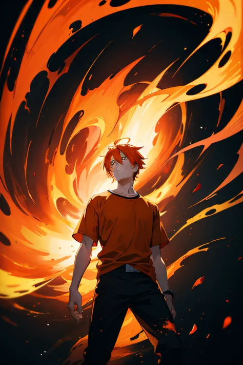 Anime, Man, Orange shirt, black pants, orange hair, looking down, black background behind flames,