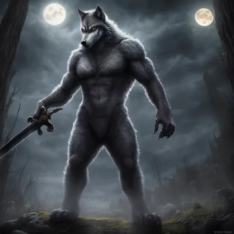 Werewolf standing holding a sword