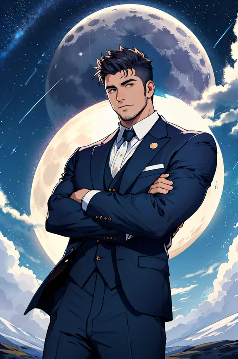 Draw a full-fledged footballer，Standing on the steppe at night，Quiet and comfortable background，He wears the same suit as the countrys president，The suit fits perfectly，Handsome face，eyes with brightness，The man looks confident and determined，looking-down，...