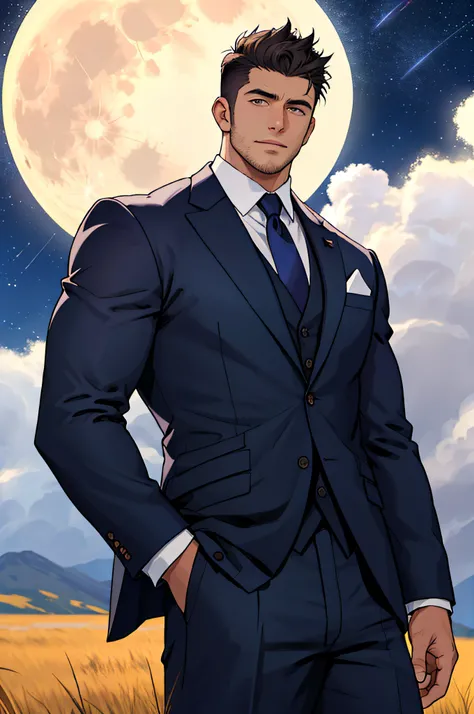 Draw a full-fledged footballer，Standing on the steppe at night，Quiet and comfortable background，He wears the same suit as the countrys president，The suit fits perfectly，Handsome face，eyes with brightness，The man looks confident and determined，looking-down，...