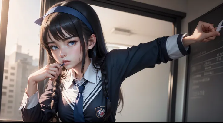 Student uniform，no head gear，Blue-black shoulder-length hair，mid day，adolable，Tie your hair with both hands，Headband in his mouth，frontage，neat，ellegance，Classroom --ar 2:3 --anime