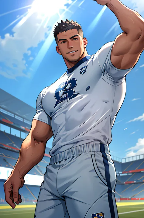 Draw a full-fledged athlete，Stand on the central field of the gym，He wears high-end sportswear，The man looks confident and determined，rays of sunshine，cheerful big breasts，Handsome，Crew cut，full bodyesbian，shooting from below，