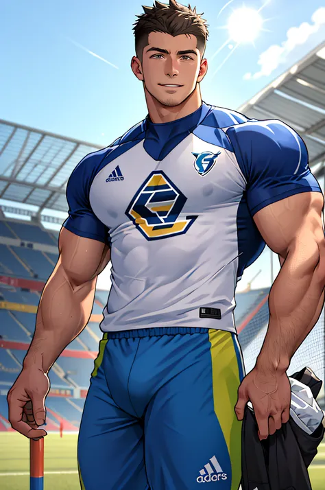 Draw a full-fledged athlete，Stand on the central field of the gym，He wears high-end sportswear，The man looks confident and determined，rays of sunshine，cheerful big breasts，Handsome，Crew cut，full bodyesbian，shooting from below，