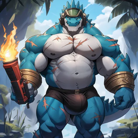 Solo, Male, Lizardman General, Titanium helmet，Plasma goggles，cheeky face, Wide face, Broad shoulders, Muscular, buff, Strong, Tall, Giant, Huge amounts of pubic, immensity, Gigantic, large biceps, large pecs, The generals belly，teal skin, blue colored eye...