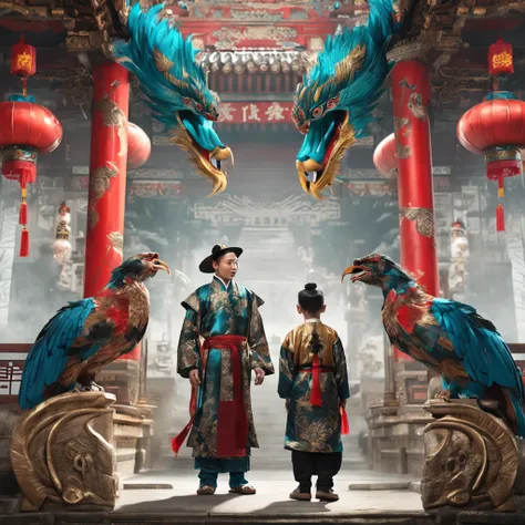 Best quality, Masterpiece, 超高分辨率, (photograph realistic:1.4), surrealism, Dream-like,fusionart, Hato, A handsome man and a little boy, Double，Kamimei，Cyan dark ancient costume, chinese style, Immortal Palace, opulent, eagle claws,