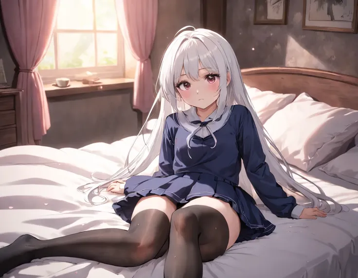 Teenage pantyhose blush bed white hair small skirt shy feet