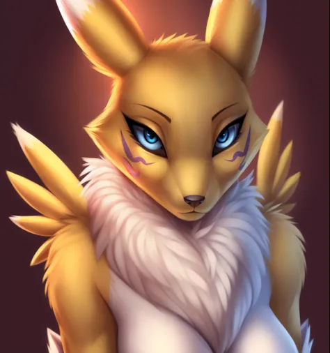 renamon, furry female, anthro, fox girl, portrait,  solo, (body fur:1.2), (best quality), bedroom background, dark romantic ligh...