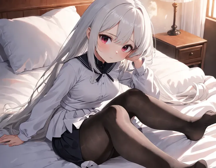 Girl Black pantyhose Blushing Bed White hair JK skirt Shy feet Poor breasts