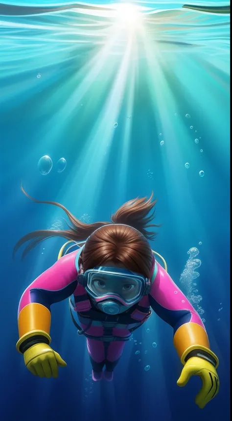 Impressive art style, highly realistic expression, ultra-fine detail, vibrant colors, unique perspective angle, realistic underwater scenes, smooth water light effect, authentic back, energetic action, on-site character details, cute 5-year-old little girl...