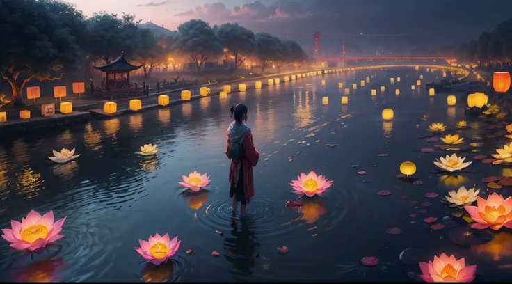 Masterpiece, otherworldly beauty, Surreal, Chinese Ghost Festival，Middle Metaverse，At dawn by the river，（Many glowing lotus lanterns float on the surface of the river：1.5），A girl crouches by the river，had his hands folded，Worship the souls of the dead, The...