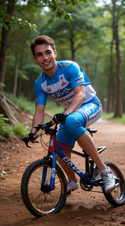 (un hombre, LOÏC BRUNI, 35 years old., French mountain biking competitor, Posa de frente y relajado, alegre, sonriente. Traje ultra detallado, texturas, desgaste. Ojos simetricos, detallados, Piel ultra detallada realista, natural  lighting, luz natural, e...