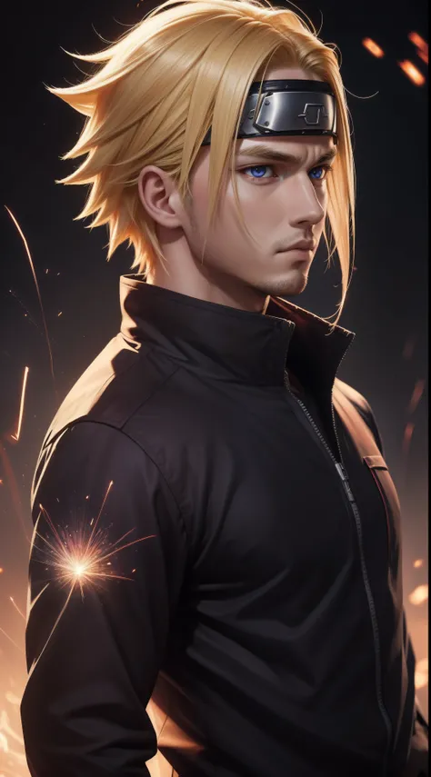 Hot profile picture, masterpiece, extremely accurate rendering, cool handsome Naruto, blond hair, looking at viewer, solo, reliable, savior of the world, simple design, beautiful image best, 8K, light red eyes, original clothing style according to the char...