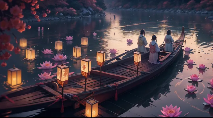 Masterpiece, otherworldly beauty, Surreal, Chinese Ghost Festival，Middle Metaverse，At dawn by the river，（Many glowing lotus lanterns float on the surface of the river：1.5），A girl crouches by the river，had his hands folded，Worship the souls of the dead, The...