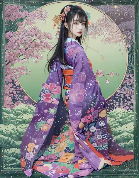 (Beautiful model in Japanese kimono commercial, beautiful straight long black hair), solo, ((face is 80% beauty and elegance, 20% pretty and cute:1.5)), clear eyes, (detailed eyes, light green eyes, bright pupils), Double Eyelids, (sexy lips with a little ...