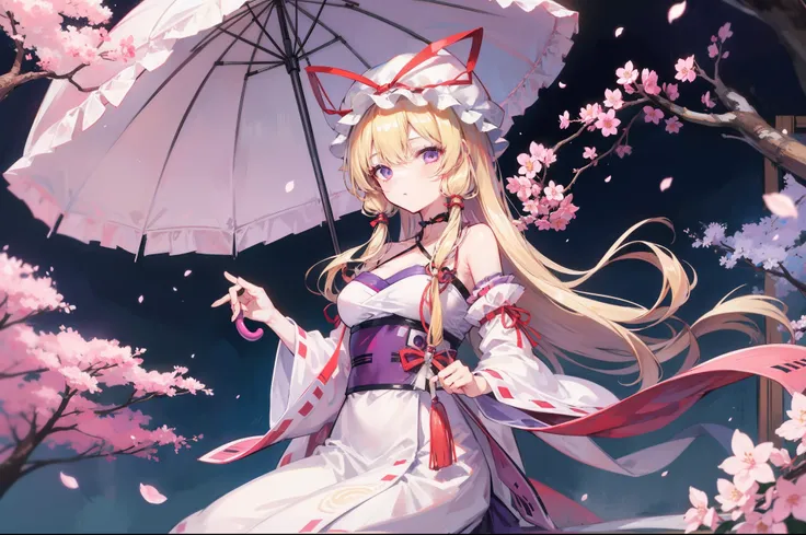 Yakumo Yukari,Holding a pink umbrella,blondehair,Long hair (1.3),Cherry Blossom Dance