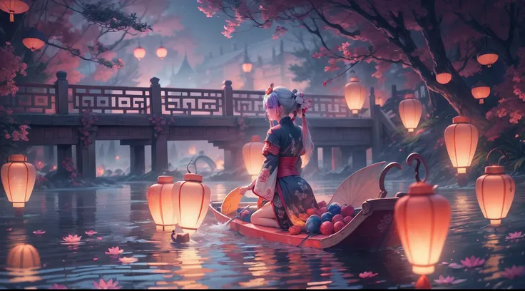 Masterpiece, otherworldly beauty, Surreal, Chinese Ghost Festival，Middle Metaverse，Riverside at dawn，A girl puts on a river lantern，Lanterns in the shape of lotus flowers float on water，Worship the souls of the dead, The mysterious aura of ghosts, 8K high ...