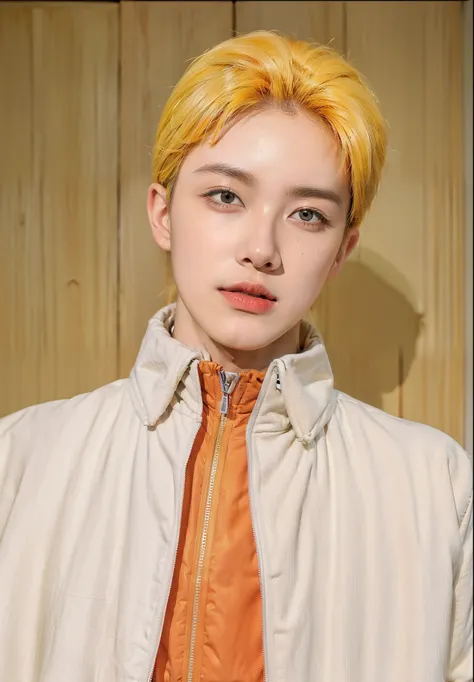 Real life adaption of this character,realistic detail yellow very messy hairstyle,wearing realistic orange sport jacket with Zipper and wearing white realistic cloak with collar,((handsome Korean teen face)),hyper realistic,realism,realistic light,realisti...