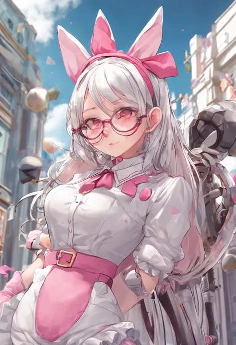 A girl with pink ears, a cat tail, Glasses, Long silver hair, Bell collar, Pink and white maid outfit, white stockings，Expose ，Ah hey Yan