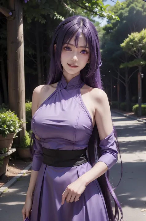 1girl, sumire in anime boruto, long hair, purple hair, purple eyes, smile, beautiful, sexy dress, sexy clothes, purple clothes, very big breast, realistic clothes, detail clothes, outdoor background, ultra detail, realistic