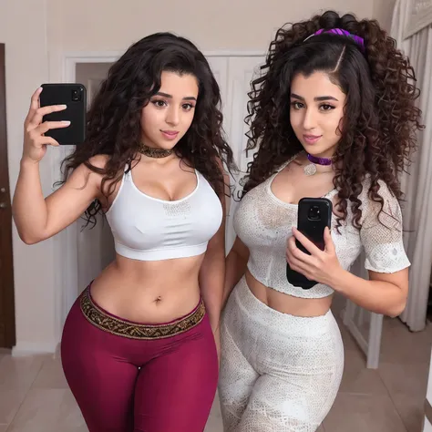 curly haired female twitchstreamers,  messy side bun, Arabic , wearing traditional palestenian dress, wearing choker, cleavage, low cinematic lighting, full body selfie, white clothing, defined tight abs, high waisted clothing, over the knees socks, fishne...