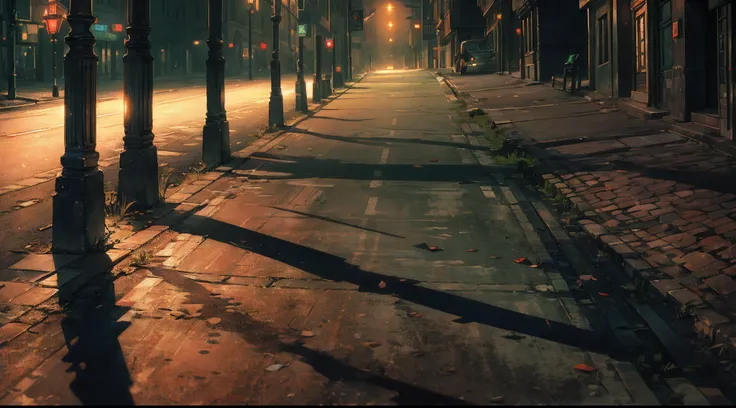 Street lights flashing alarmingly, Casting is long, Distorted shadows along the empty road. Photograph: Dimly lit street with flashing street lights, Elongated shadows create a peculiar atmosphere.