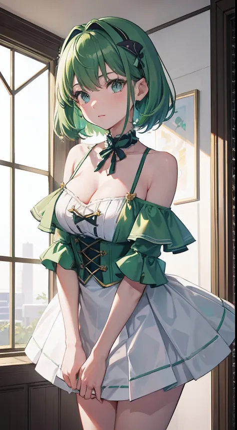 Green hair，short detailed hair，bit girl，10years old，Overlooking，年轻，blue color eyes，bshoulders，鎖骨，Close-up，cleavage，(Off-the-shoulder outfit1.2)，libraryai，(white  skirt)