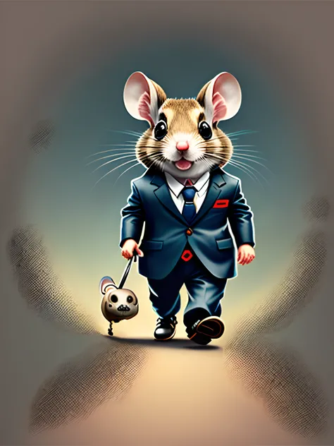 The illustration is a mouse with the suit clothes , bipedal rat , skull , o rato parece estar correndo atras de alguma coisa , rato: expression of one who is late for something; ,ao fundo dinheiros varias cedulas