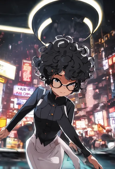 short black curly hair，ember，black-frame glasses，black uniforms，sideface，Persona 5