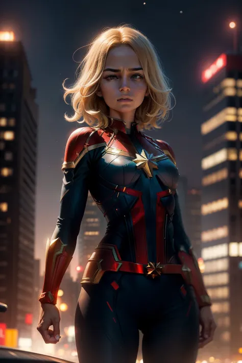 centered, upper body, masterpiece, | Captain Marvel, standing, looking at viewer, | city, urban, street, city lights, | night, bokeh, depth of field,