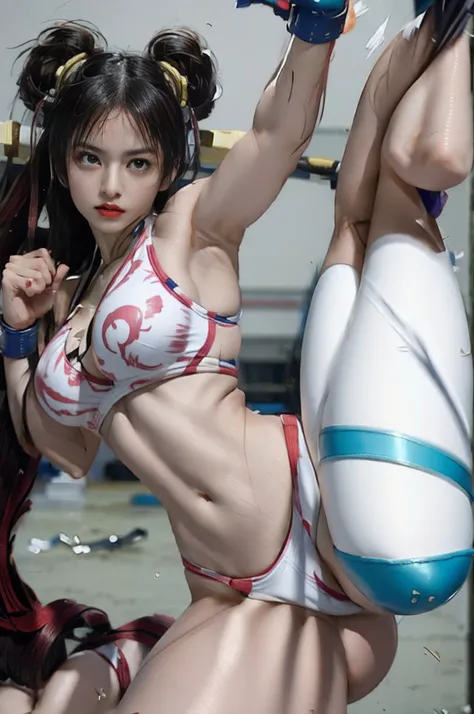 Theres a woman in a bikini posing with a sword, chun li at the gym, Chun-Li, Chun - Li, Chun Li, Retrato de Chun - Li, Retrato de Chun Li, inspirado em Leng Mei, Juri Han de Street Fighter, Pose forte, Kitana, Kombat mortal, Pose de lutador, Mai Shiranui, ...