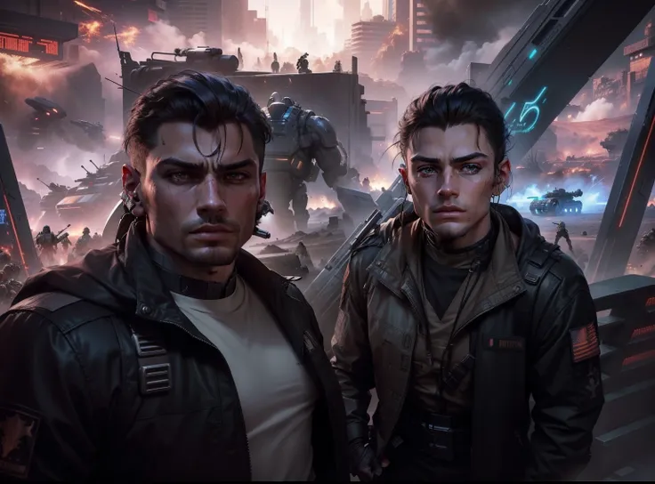 soldiers, cyberpunk warriors, aliens on background, alien ships, handsome, realistic