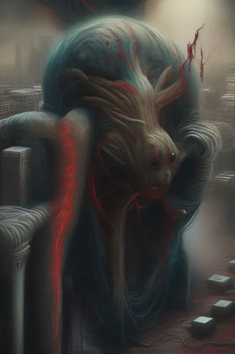 photo, a strange demonic blood dripping looking creature standing in the middle of a city (megademons style:1)