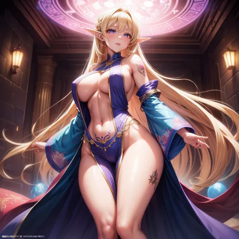 super high image, super detail, super high resolution, anime, manga, illustration, Japanese beautiful elf, blonde glossy french braid hair, sparkling shocking pink big eyes, red alluring moist thick lips, ecstatic expression, amorous expression, seductive ...