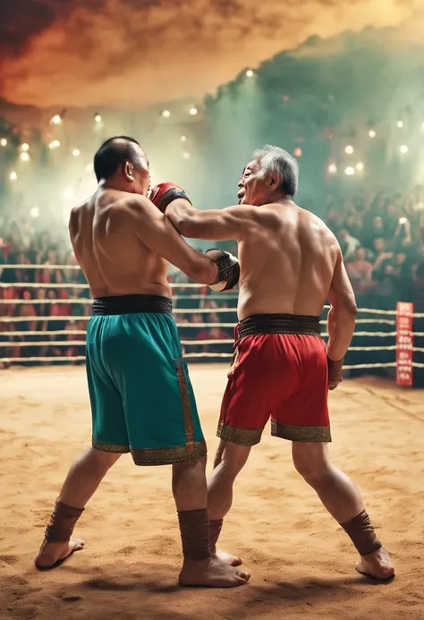 A wrestling duel between two middle-aged Chinese men，age 55，Bare-chested shoulders，One is green shorts，One is blue shorts，Site is a field