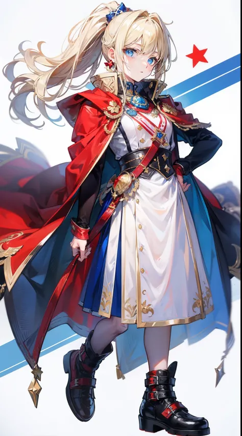 Blonde single ponytail，eBlue eyes，With a white helmet，There is a blue star on the helmet，Reveals a single ponytail，warriors，Red cape，Red shoes，Red, white and blue clothes