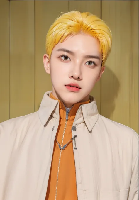 Real life adaption of this character,realistic detail yellow messy hairstyle,wearing realistic orange sport jacket with Zipper and wearing realistic white thin cloak with collar,((handsome Korean teen face)),hyper realistic,realism,realistic light,realisti...