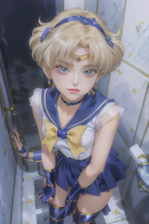 Sailor Uranus in short skirt and bow tie standing in bathroom, Sailor Moon Style, Portrait of a female anime hero, portrait knights of zodiac girl, todays featured anime still, Official art, knights of zodiac girl, by Sailor Moon, portrait anime space cade...