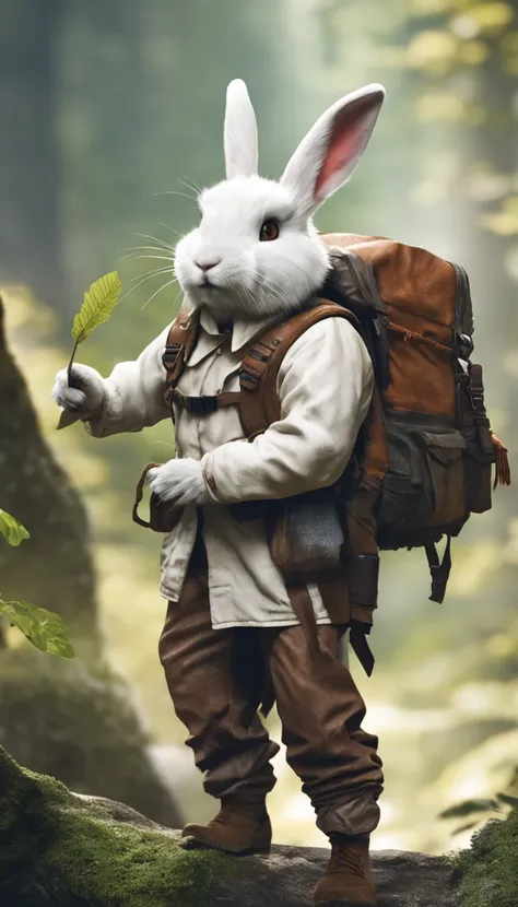 Classic negative portrait photo, fantasy video game character concept art, a cute white fluffy rabbit with a small brown leather backpack looking at a map hiking through the forest, dungeons and dragons, fantasy, river, haze, halo, Bloom, dramatic atmosphe...