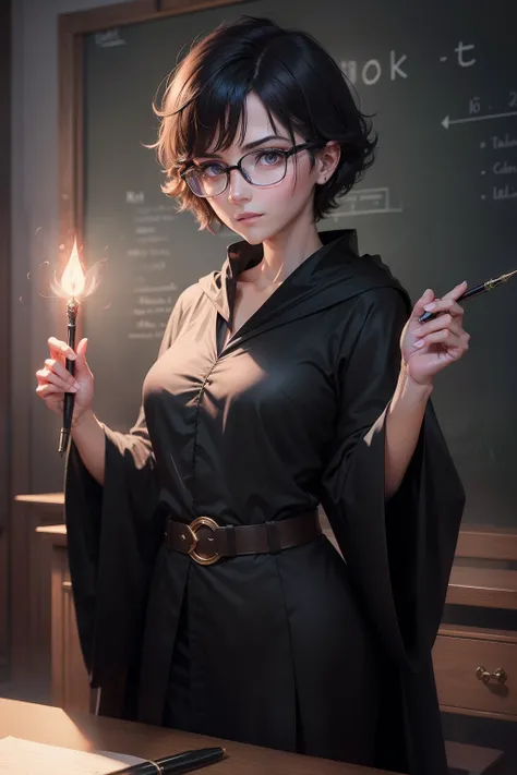 Magic teacher，Wear large glasses，short detailed hair，Black robe，Point your magic wand at the blackboard，A half body，ID photo