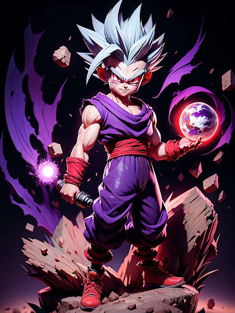 masterpiece, best quality, ultra-detailed, adult gohan 1boy, solo, full body, evil smile, grey hair, spiked hair, (((red eyes)))...