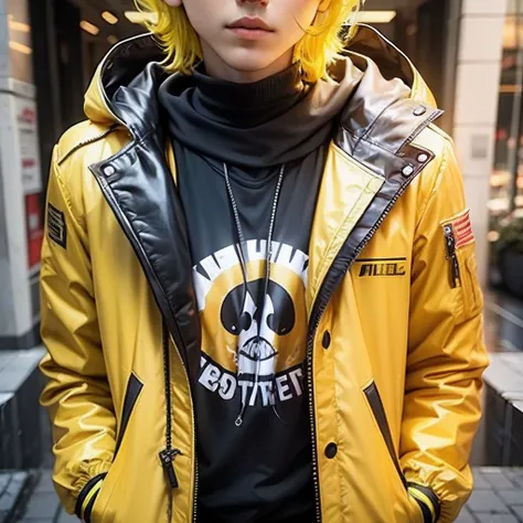 Boy in yellow hair wearing yellow mixed black jacket --auto --s2