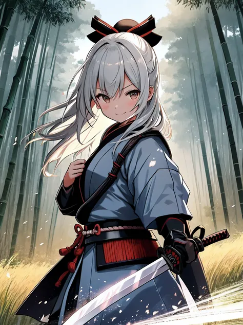 Beautiful Japan countryside、Lightly armed female samurai stands。 Samurai wear simple kimonos and rustic armor、In his hand he holds a Japan sword。 Blue in the countryside々A bamboo forest spreads out、A gentle wind is blowing。 Samurai hides in the grass、Pay a...