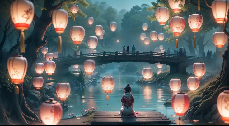 Masterpiece, otherworldly beauty, Surreal, Chinese Ghost Festival，Middle Metaverse，At dawn by the river，（Many glowing lotus lanterns float on the surface of the river：1.5），In the distance, A girl with her back to the camera on the riverbank，had his hands f...