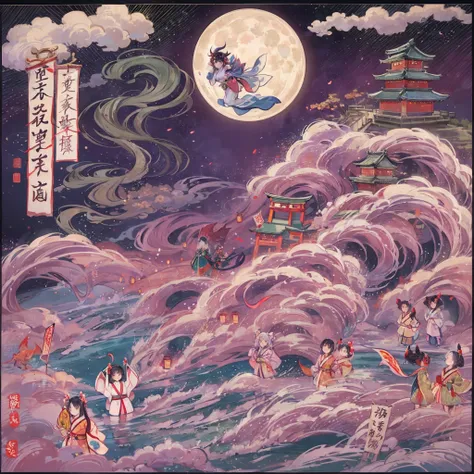 Do not go out at midnight. They appear in the moonlight and clouds. Various Japanese sprits, Various Japanese demons, Heian-kyo, Japanese folklore, yokai, processions, Various Japanese monsters, Unattended, Heian-period paintings, no Human,